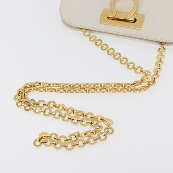 Salvatore Ferragamo Gancini Ketten-Schultertasche Leder Weiß Gold Auth BA13182