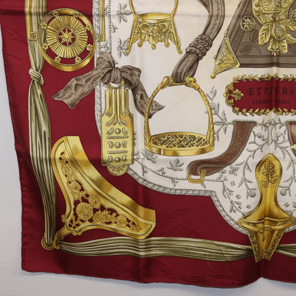 HERMES Carre 90 Scarf ""RETRIERS"" Silk Bordeaux Auth BA13192