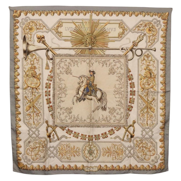 HERMES Carre 90 Scarf ""LVDOVICVS MAGNVS"" Silk Gray Auth BA13194