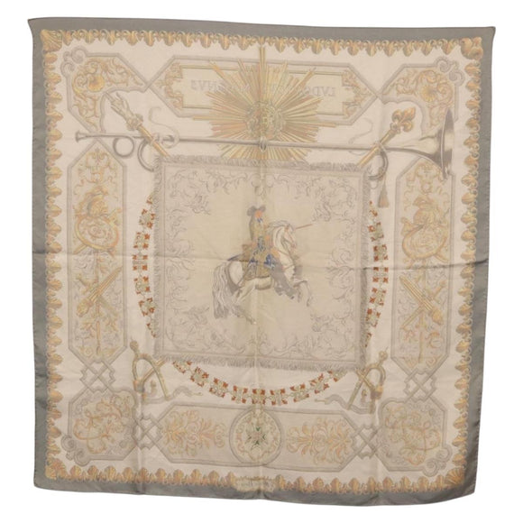 HERMES Carre 90 Scarf ""LVDOVICVS MAGNVS"" Silk Gray Auth BA13194