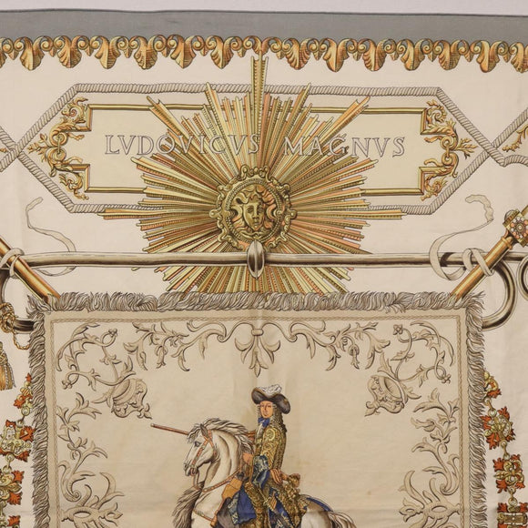 HERMES Carré 90 Sjaal ""LVDOVICVS MAGNVS"" Zijde Grijs Auth BA13194