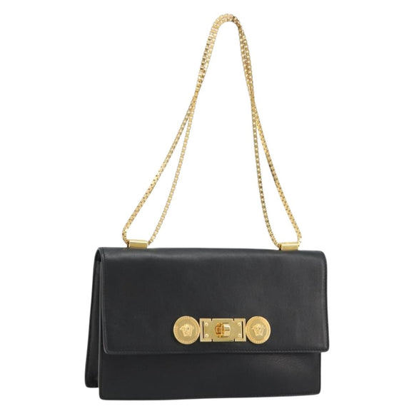 VERSACE Chain Shoulder Bag Leather Black Gold Auth BA13207