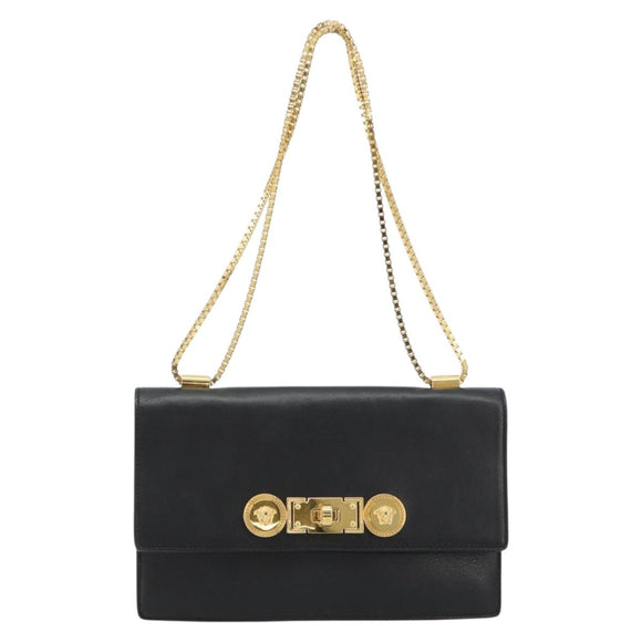 VERSACE Chain Shoulder Bag Leather Black Gold Auth BA13207