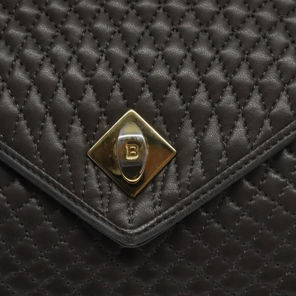BALLY Quilted Hand Bag Leather Gray Gold Auth BA1327