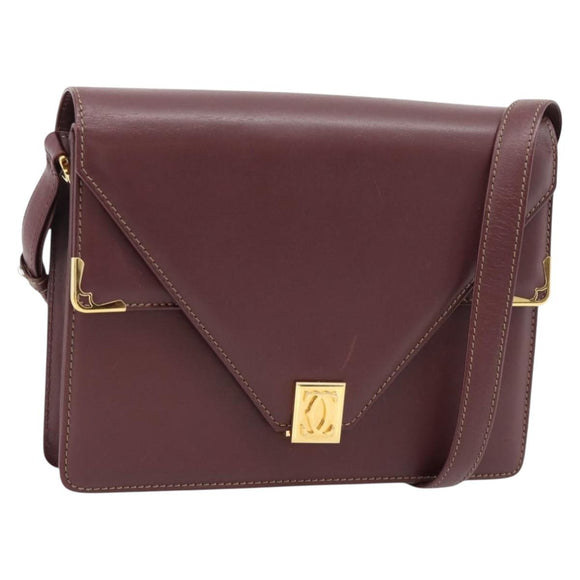 CARTIER Must Line Shoulder Bag Leather Bordeaux Gold Auth BA13274
