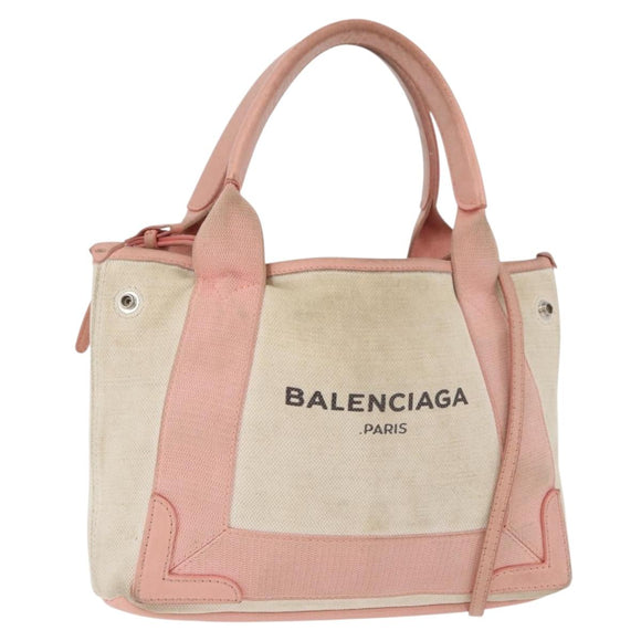BALENCIAGA Navy Cabas S Tote Bag Canvas Leather Beige Silver 390346 Auth BA13276