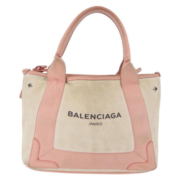 BALENCIAGA Navy Cabas S Tote Bag Canvas Leather Beige Silver 390346 Auth BA13276