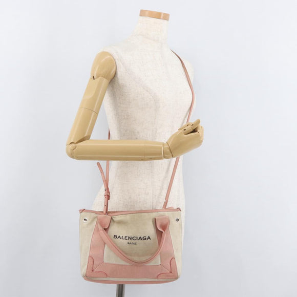 BALENCIAGA Navy Cabas S Tote Bag Canvas Leather Beige Silver 390346 Auth BA13276