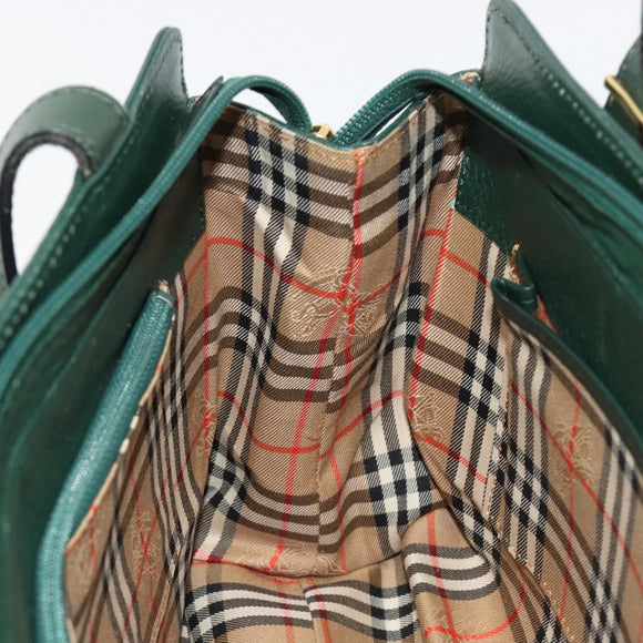 Burberrys Hand Bag Leather Green Gold Auth BA13284