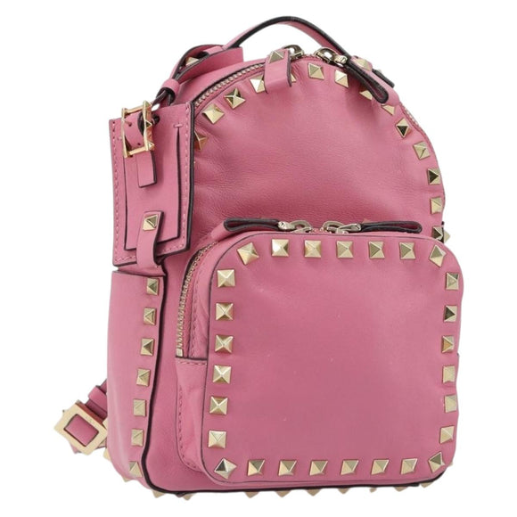 VALENTINO Studs Rugzak Leer Roze Goud Auth BA13289A