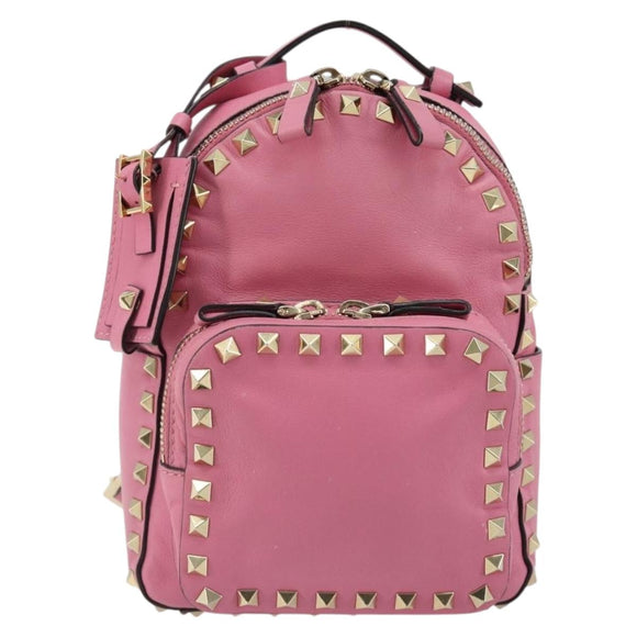 VALENTINO Studs Rugzak Leer Roze Goud Auth BA13289A