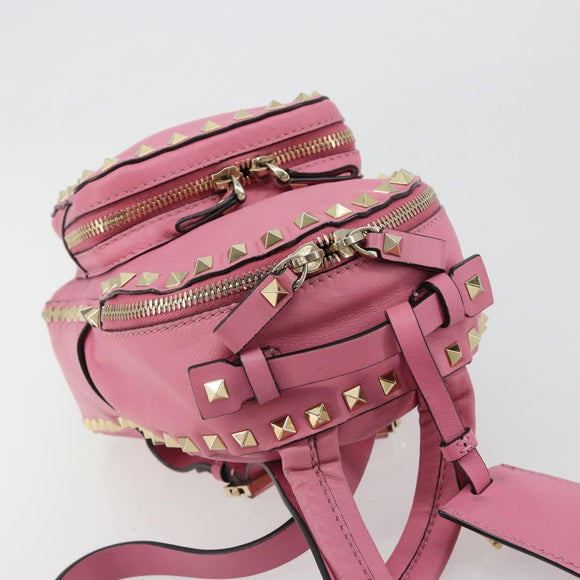 VALENTINO Studs Rugzak Leer Roze Goud Auth BA13289A