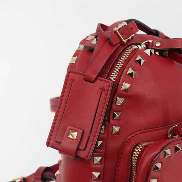VALENTINO Studs Backpack Leather Red Gold Auth BA13290