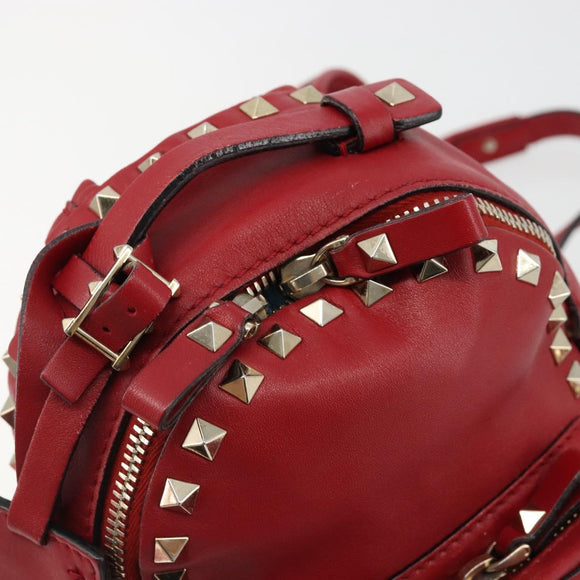 VALENTINO Studs Backpack Leather Red Gold Auth BA13290