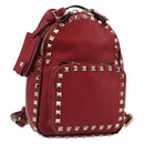 VALENTINO Studs Backpack Leather Red Gold Auth BA13290-1