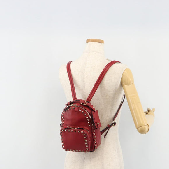 VALENTINO Studs Backpack Leather Red Gold Auth BA13290