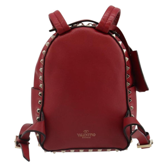 VALENTINO Studs Backpack Leather Red Gold Auth BA13290
