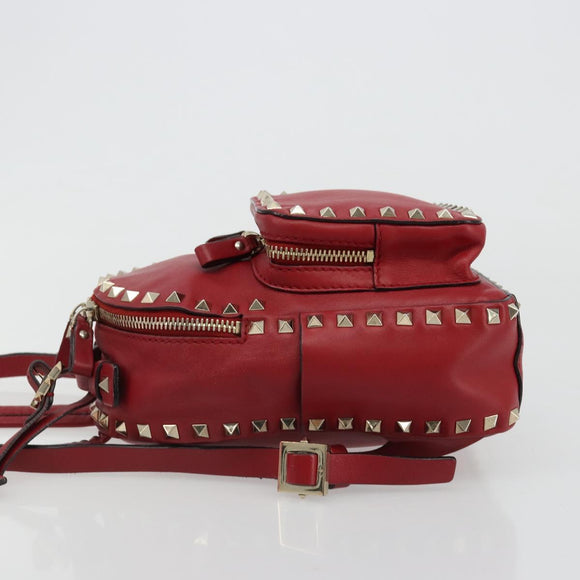VALENTINO Studs Backpack Leather Red Gold Auth BA13290