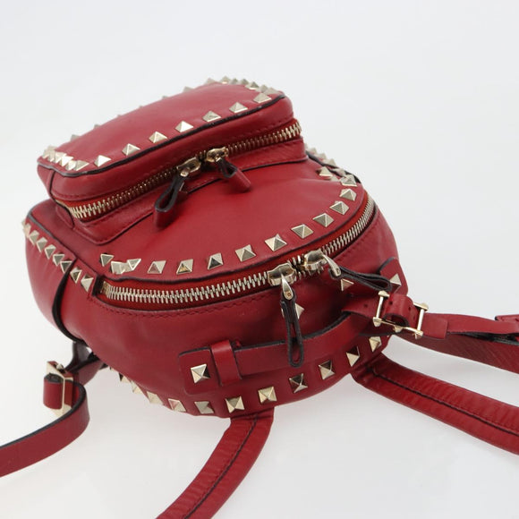 VALENTINO Studs Backpack Leather Red Gold Auth BA13290