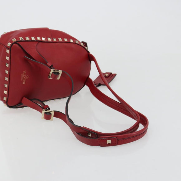 VALENTINO Studs Backpack Leather Red Gold Auth BA13290