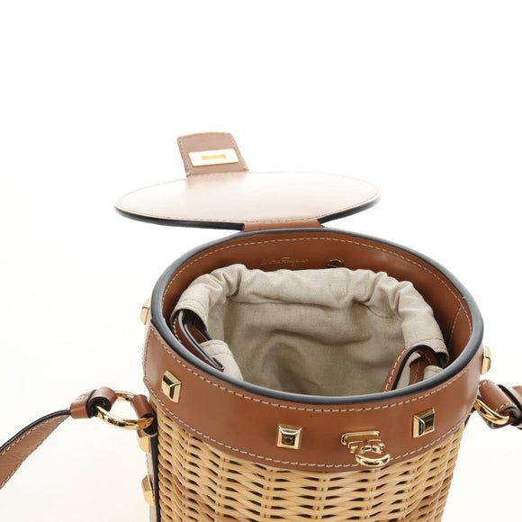 Salvatore Ferragamo Gancini Straw Bag Raffia Beige Gold Auth BA13293SM