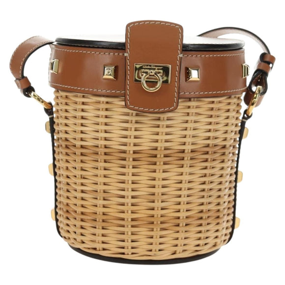 Salvatore Ferragamo Gancini Straw Bag Raffia Beige Gold Auth BA13293SM