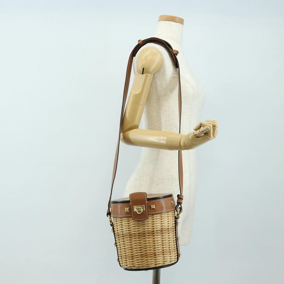 Salvatore Ferragamo Gancini Straw Bag Raffia Beige Gold Auth BA13293SM