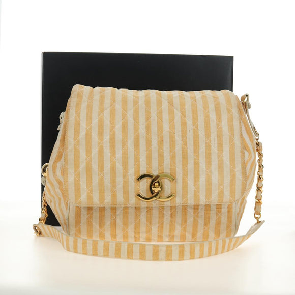 CHANEL Matelasse Ketten-Schultertasche Canvas Beige Gold CC Auth BA13294M