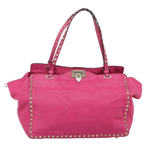 VALENTINO Studs Tote Bag Leather 2way Pink Gold Auth BA13295
