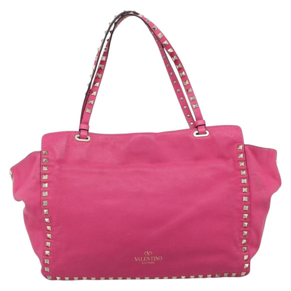 VALENTINO Studs Tote Bag Leather 2way Pink Gold Auth BA13295