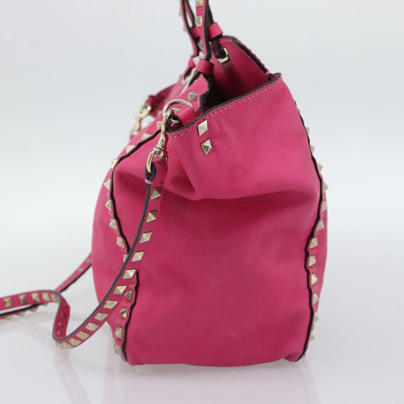 VALENTINO Studs Tote Bag Leather 2way Pink Gold Auth BA13295