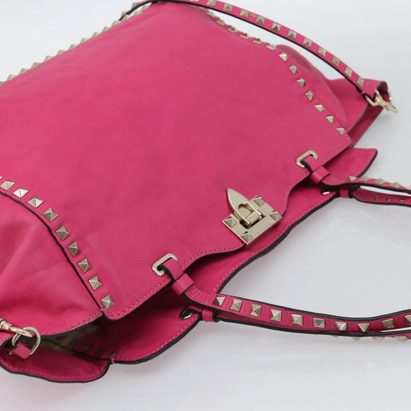 VALENTINO Studs Tote Bag Leather 2way Pink Gold Auth BA13295
