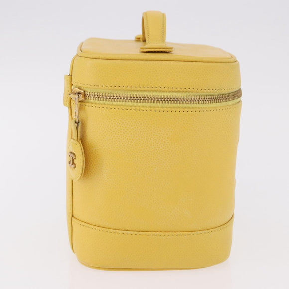 CHANEL Vanity Hand Bag Caviar Skin Yellow Gold CC Auth BA13305V
