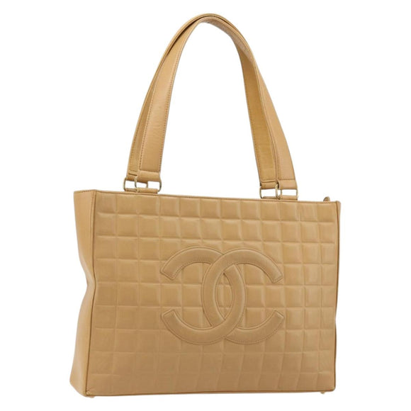 CHANEL Choco Bar Tote Bag Lamb Skin Beige Gold CC Auth BA13309