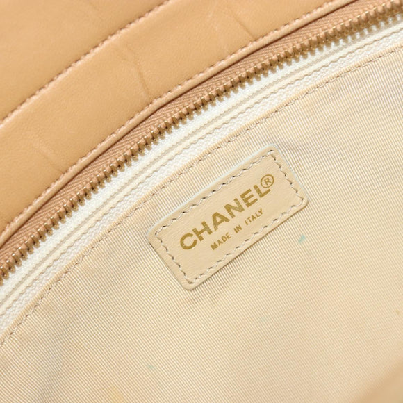 CHANEL Choco Bar Tote Bag Lamb Skin Beige Gold CC Auth BA13309