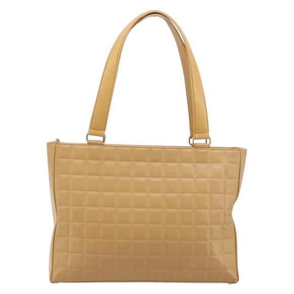 CHANEL Choco Bar Tote Bag Lamb Skin Beige Gold CC Auth BA13309