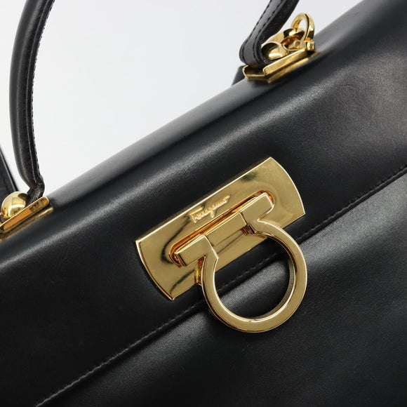 Salvatore Ferragamo Gancini Handtasche Leder 2-Wege Schwarz Gold Authentisch BA13314