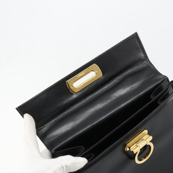 Salvatore Ferragamo Gancini Handtasche Leder 2-Wege Schwarz Gold Authentisch BA13314