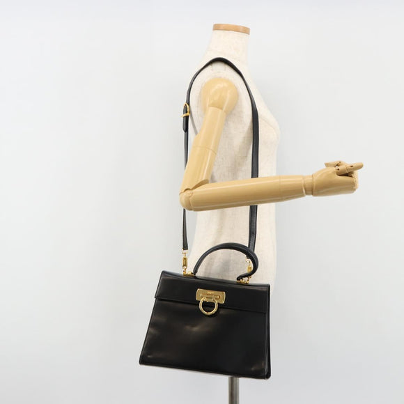 Salvatore Ferragamo Gancini Handtasche Leder 2-Wege Schwarz Gold Authentisch BA13314