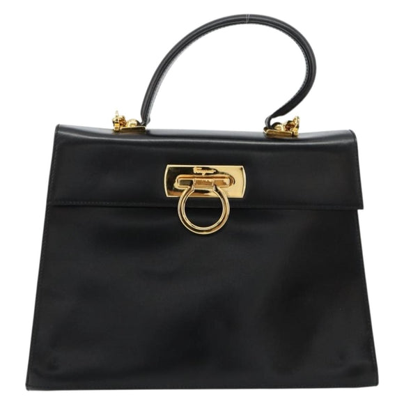 Salvatore Ferragamo Gancini Handtasche Leder 2-Wege Schwarz Gold Authentisch BA13314
