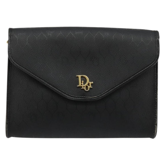 Christian Dior Honeycomb Canvas Chain Shoulder Bag PVC Black Gold Auth BA13315