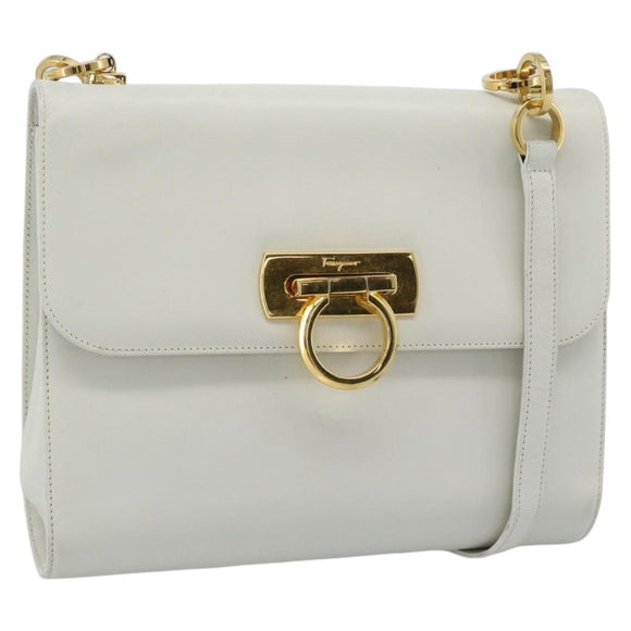 Salvatore Ferragamo Gancini Shoulder Bag Leather White Gold Auth BA13316
