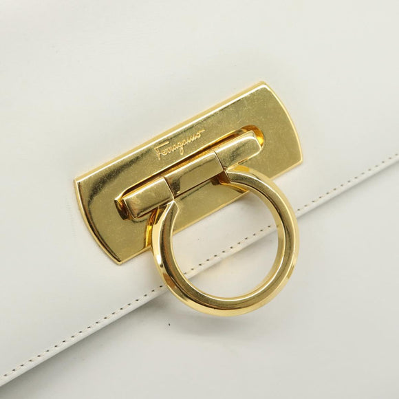 Salvatore Ferragamo Gancini Shoulder Bag Leather White Gold Auth BA13316