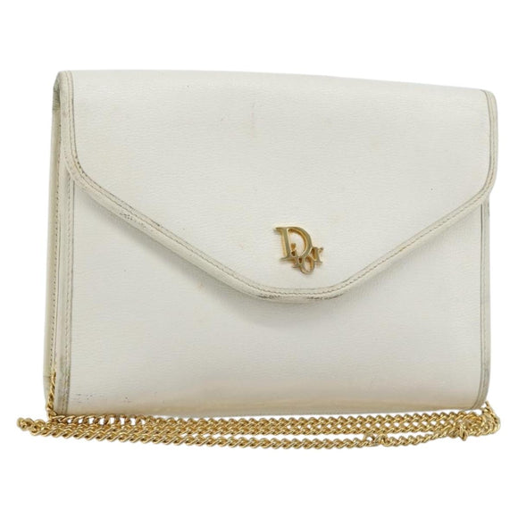 Christian Dior Chain Shoulder Bag Leather White Gold Auth BA13317