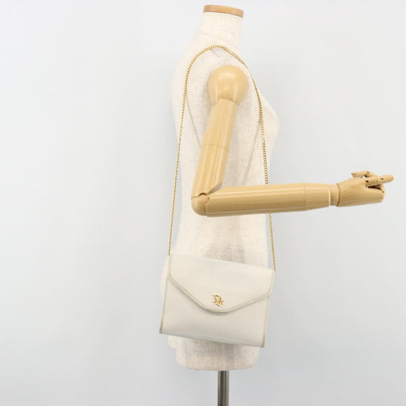 Christian Dior Chain Shoulder Bag Leather White Gold Auth BA13317