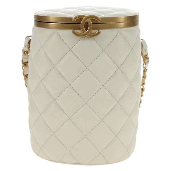 CHANEL Chain Matelasse Shoulder Bag Lamb Skin White Gold CC Auth BA13318M