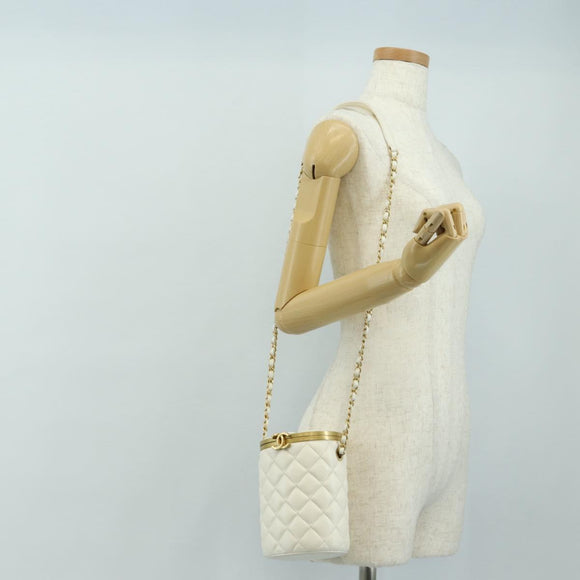 CHANEL Chain Matelasse Shoulder Bag Lamb Skin White Gold CC Auth BA13318M