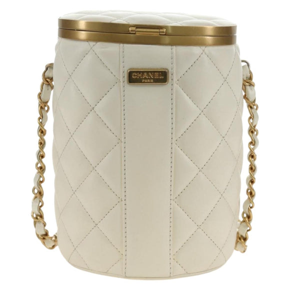 CHANEL Chain Matelasse Shoulder Bag Lamb Skin White Gold CC Auth BA13318M