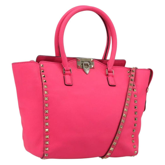 VALENTINO Studs Tote Bag Leather 2way Pink Gold Auth BA13319