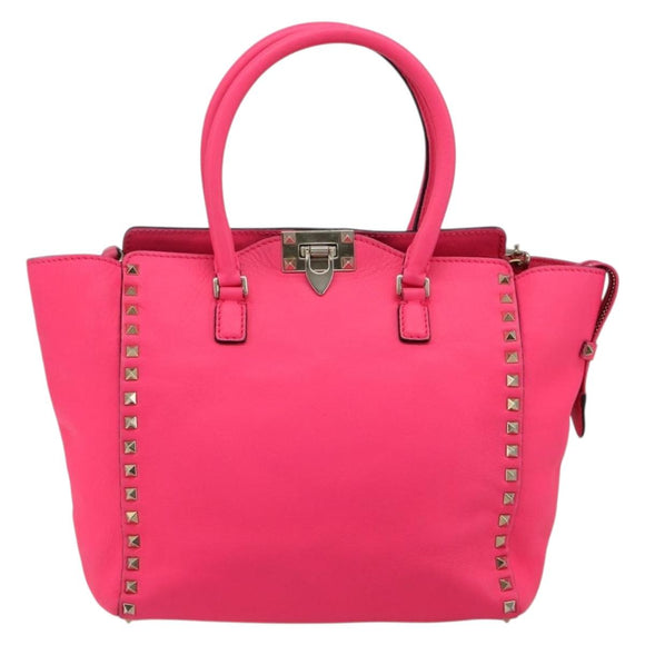 VALENTINO Studs Tote Bag Leather 2way Pink Gold Auth BA13319